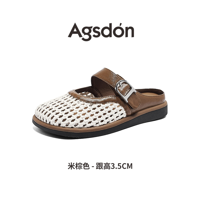 August Lion Deng Baotou pantuflas mujeres 2025 nuevo estilo verano ropa exterior tejido con falda sandalias y pantuflas planas de un pie