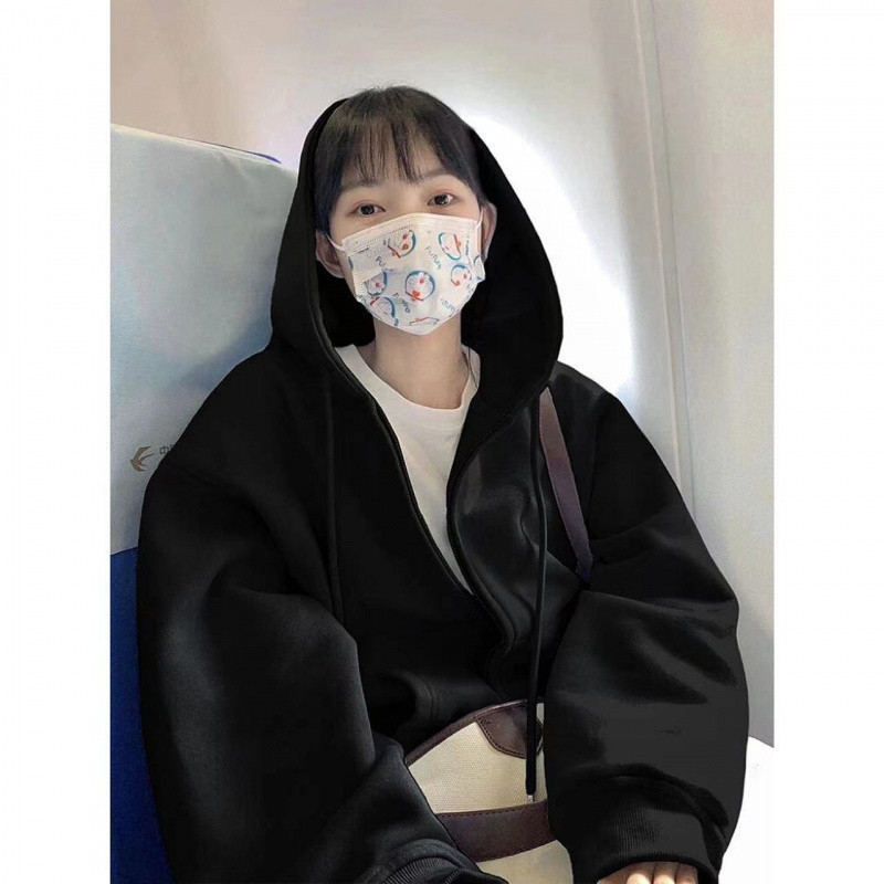 超显白纯色连帽卫衣女秋冬季加绒加厚宽松慵懒ins风拉链开衫外穿|undefined