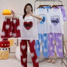 欧美跨境亚马逊三件套睡衣女数码字母爱心印花短袖套装