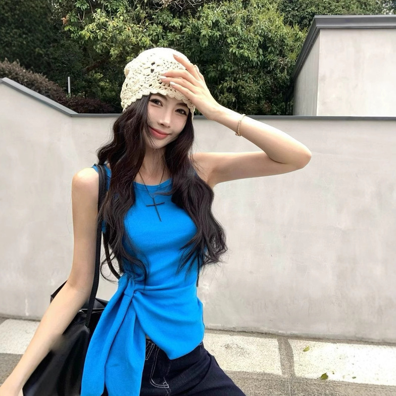 300g Cotton Ribbed Asymmetrical Camisole Women's Summer Sleeveless Inner Wear Blue Strappy Waist Top