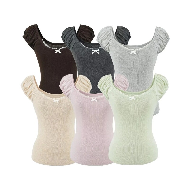 Bowknot Lace Trim Flutter Sleeve T-Shirt for Women, 2026 Summer New American Style Spicy Girl Round Neck Slim Fit Base Top