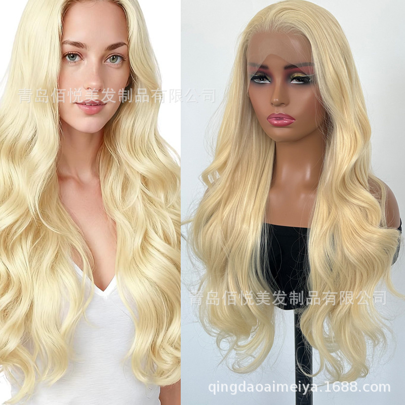 European and American style long, wavy, golden blonde lace front wig, made with high-temperature synthetic fiber, large wave style, available for cross-border trade and in stock