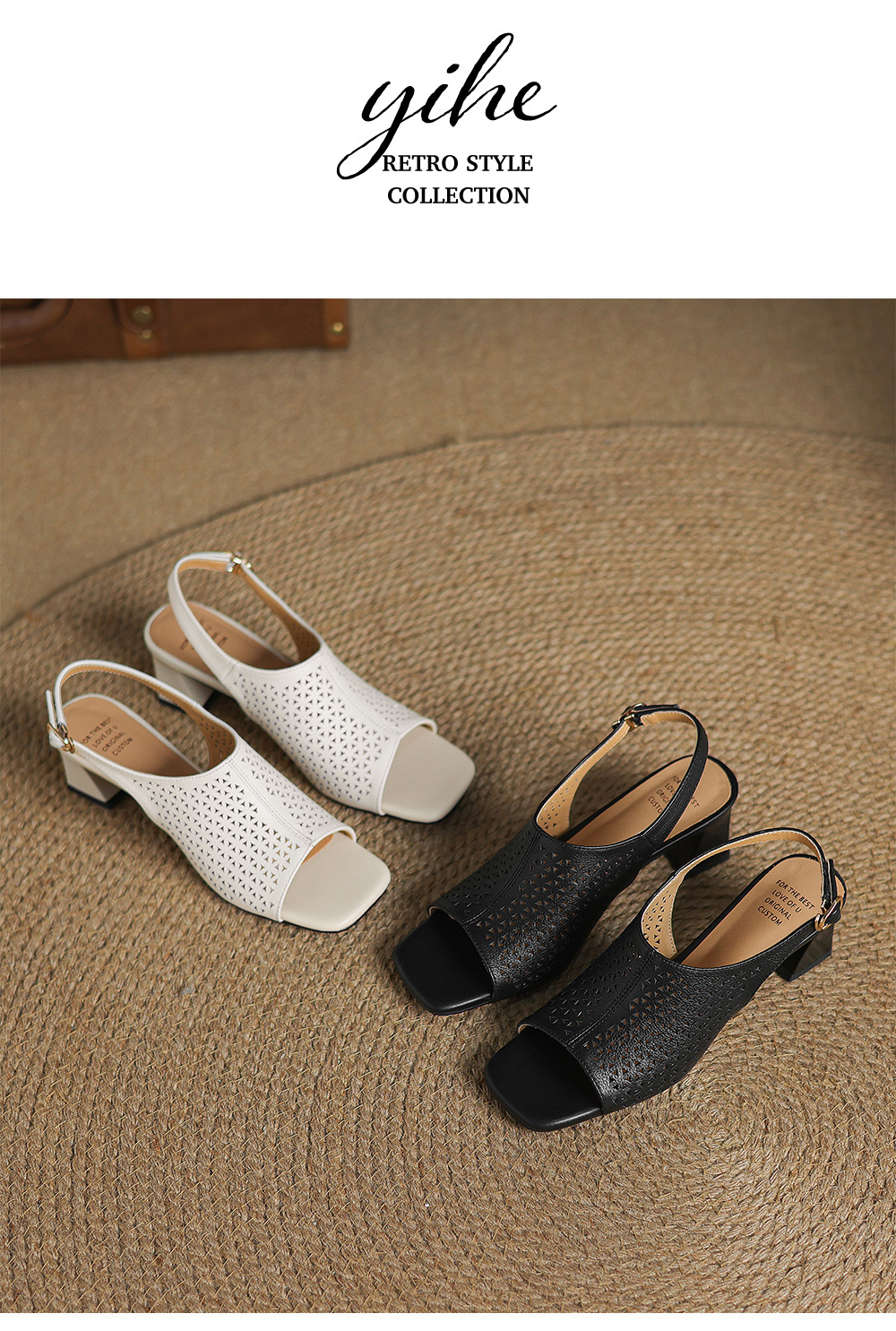 Sandal cao gót nữ hở mũi quai ngang đục lỗ da bò, gót 7 cm — Gạo trắng và cao 7 cm chi tiết 16