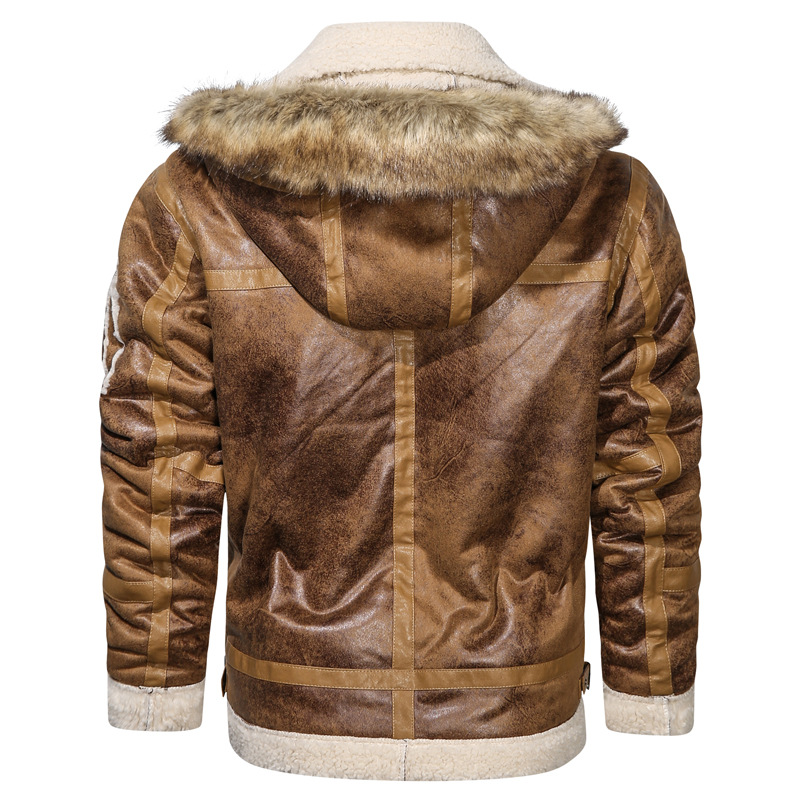 Men's Fleece Lined Leather Motorcycle Jacket With Hood Retro Style_voghion.com