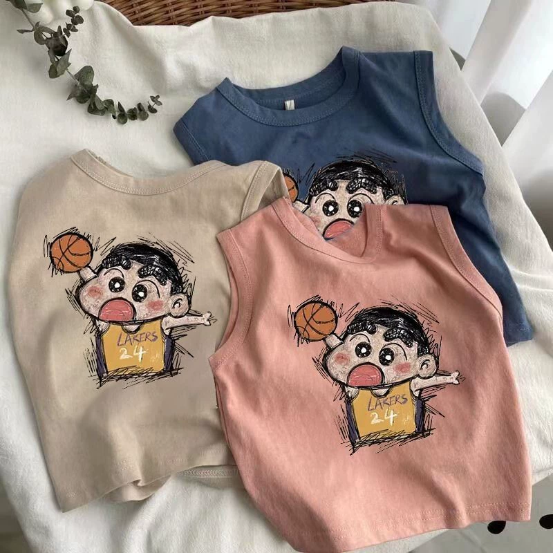 Детский летний новый стильный жилет без рукавов из чистого хлопка для девочек, рубашка с мультяшным принтом Crayon Shin-chan для мальчиков, топы