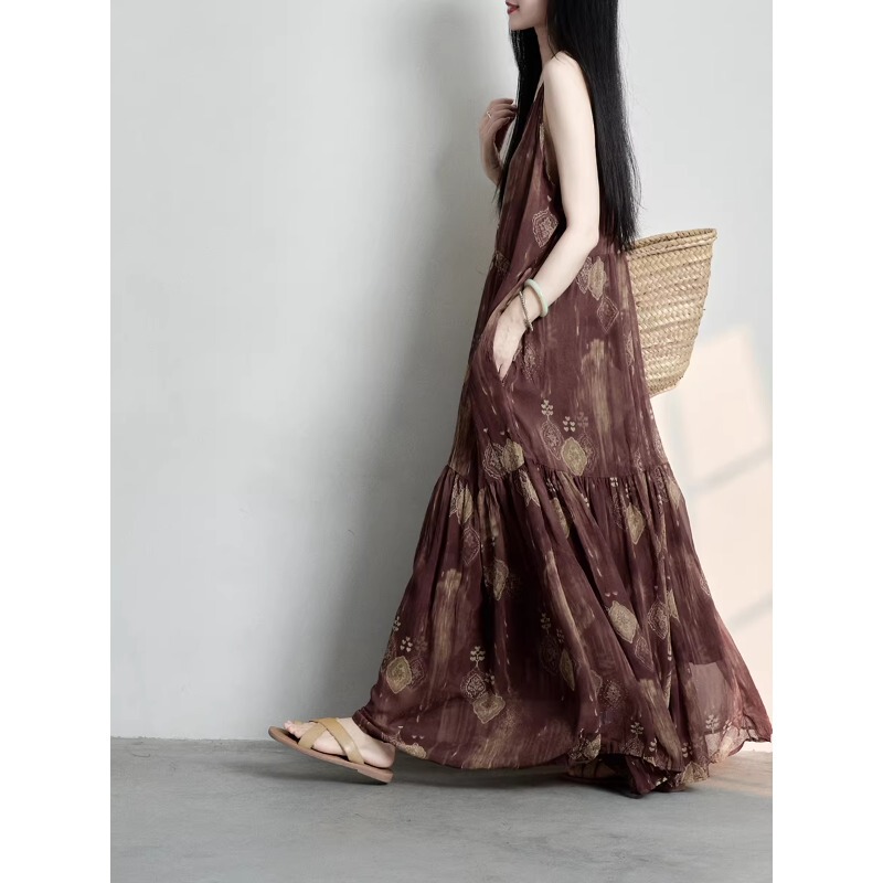 2026 Summer Bohemian Vacation Printed Strap Dress for Women, Loose Vintage Coffee Red Flared Long Dress 2026 Summer Bohemian Vacation Printed Strap Dress for Women, Loose Vintage Coffee Red Flared Long Dress