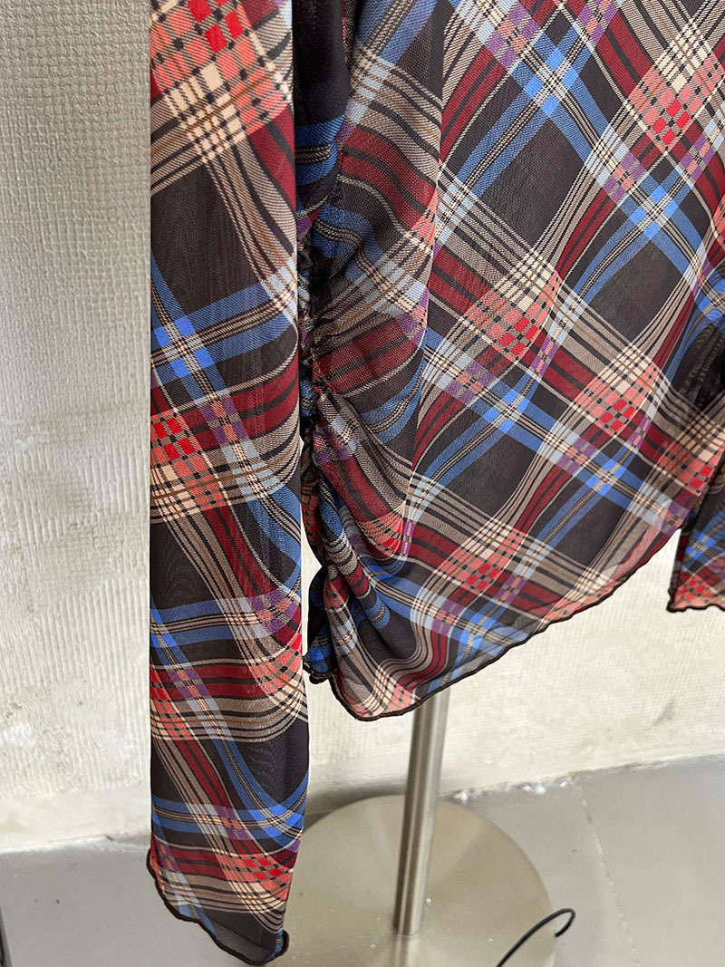 Plaid Mesh T shirt Women Spring Sexy Pleated Waist Tight Slimming Bottoming Top