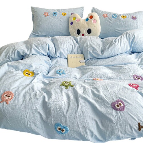 Ins water-washed cotton towel embroidery four-piece bedding set embroidered bed sheet and duvet cover cute cartoon dormitory three-piece set