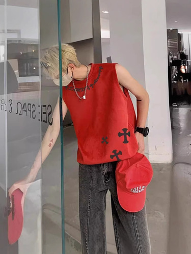 Vintage American Cross Print Leather Material Men's Summer Trend Brand Street Hip-hop Sleeveless T-shirt