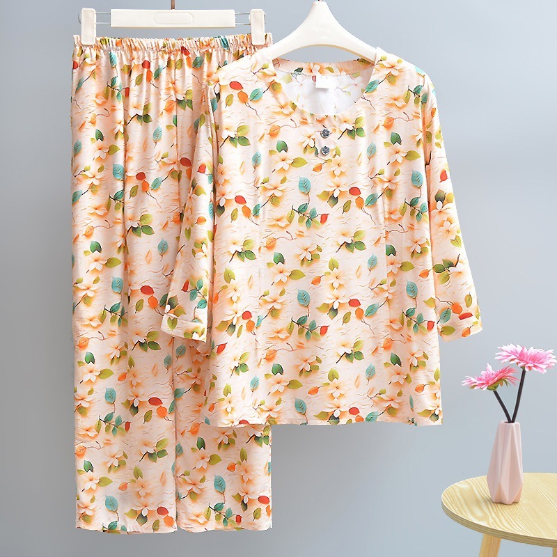 女性用綿シルクパジャマ、夏用薄手、中高年ママ、ゆったり綿シルクホーム服、七分袖お出かけスーツ|undefined