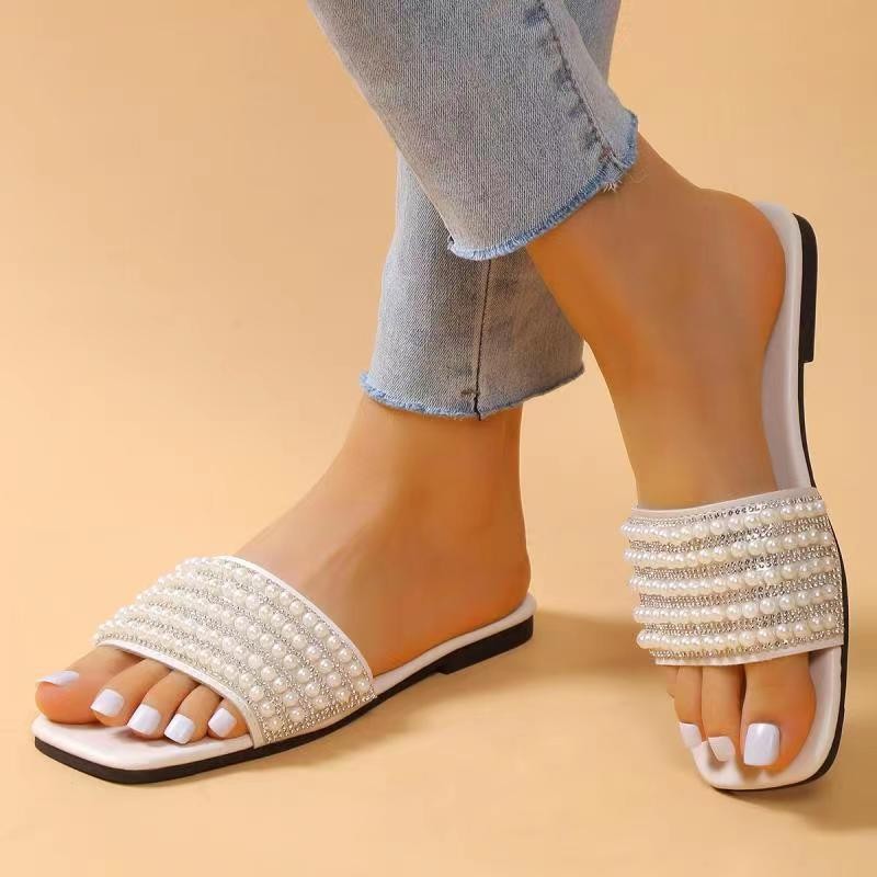 小香风平底大码拖鞋女外穿 方头水钻珍珠一字型跨境凉拖 Slippers