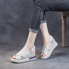 2023 Summer New Arrival Women's Leather Wedge Sandals: High-Heeled, Open-Toe, Fairy-Like Design, Versatile, with Thick Platform and Crisscross Straps