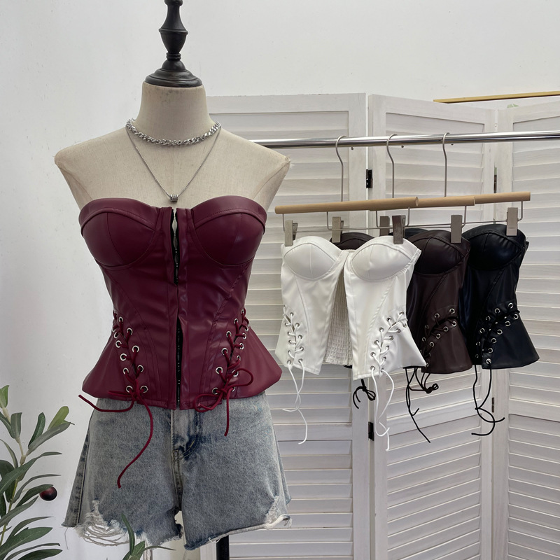 Real shot: Cross-border hot girl PU leather strapless tank top with chest pads, hook-and-loop fastening, tight-fitting leather side-tie top 2893 Real shot: Cross-border hot girl PU leather strapless tank top with chest pads, hook-and-loop fastening, tight-fitting leather side-tie top 2893