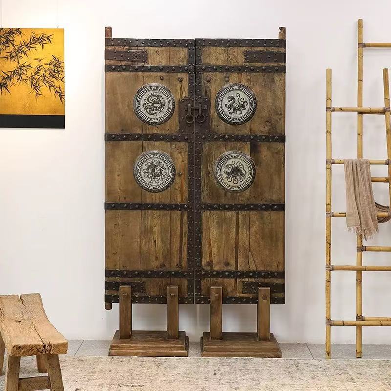 Country Farmhouse Solid Wood Door Wabi-Sabi Style Decoration Old Elm Door Panel Living Room Partition Entrance Door Screen