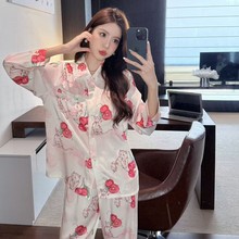 早秋季新款冰丝睡衣女甜美樱桃猫咪印花开衫可爱卡通高级感家居服