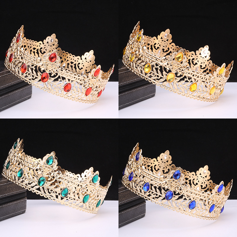 Cross-Border Men's Crown Simple Multi-Color Round King Crown Baroque Bride Retro Alloy Hair Crown Headdress