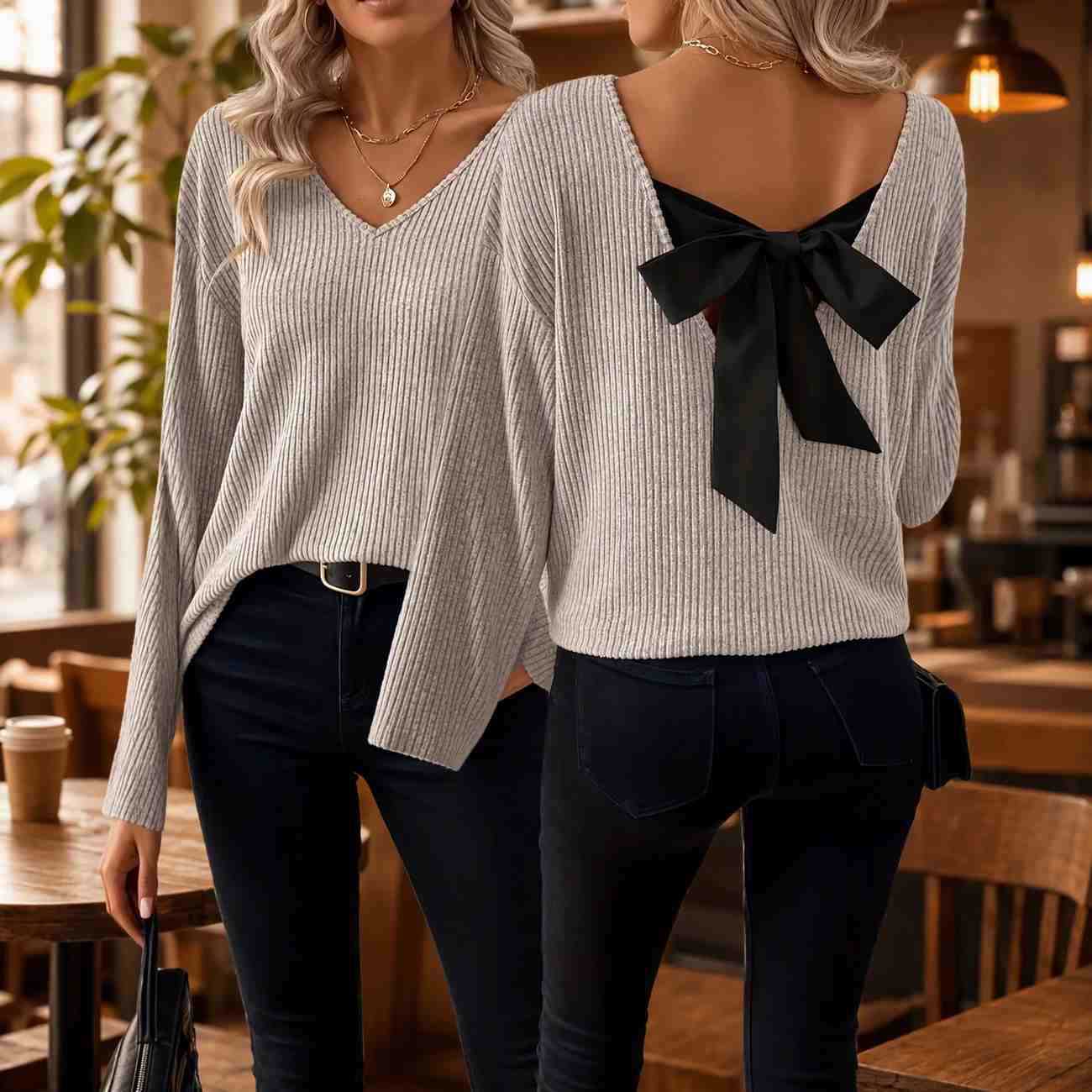Cross-Border European and American Women's Clothing V-Neck Solid Color Sweater Autumn New Foreign Trade Long-Sleeve Casual Loose Bow Top for Women