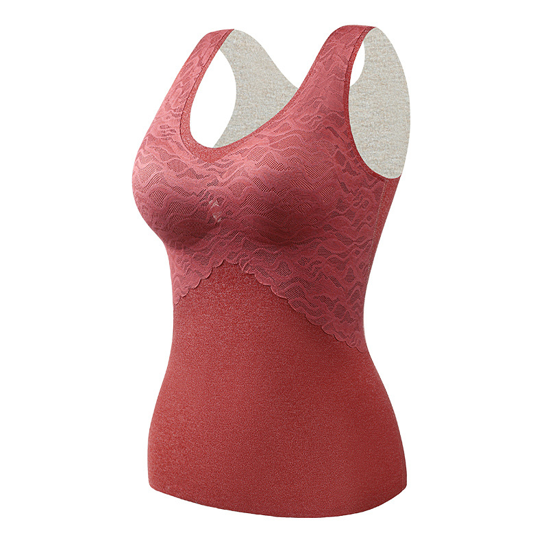 Ropa interior térmica de seda autocalentadora de terciopelo sin costuras para mujeres con almohadilla en el pecho engrosada chaleco térmico de terciopelo de encaje interior
