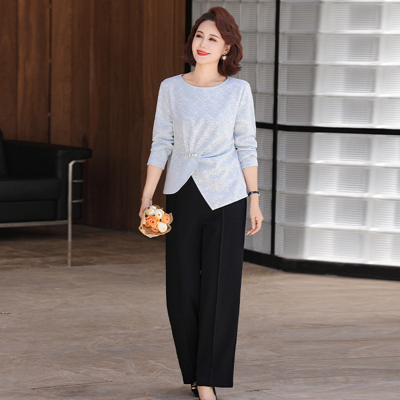 Wholesale New Middle-Aged and Elderly Women's Clothing Spring and Autumn Fashion Stylish Chinese-Style Blouse and Wide-Leg Pants Two-Piece Set Fashion Temperament Wholesale New Middle-Aged and Elderly Women's Clothing Spring and Autumn Fashion Stylish Chinese-Style Blouse and Wide-Leg Pants Two-Piece Set Fashion Temperament
