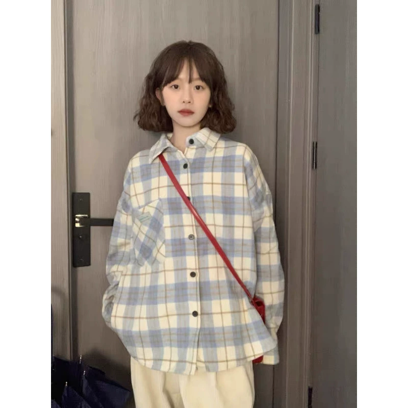 Клетчатая рубашка, женская тонкая куртка в японском стиле, новая весенне-осенняя свободная повседневная универсальная нишевая рубашка с длинными рукавами