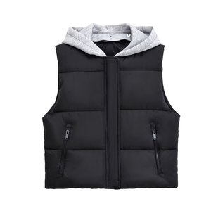 2024 Winter New European and American Cross-Border Women's Casual Hooded Patchwork Cotton Vest Versatile Color-Blocking Loose Vest