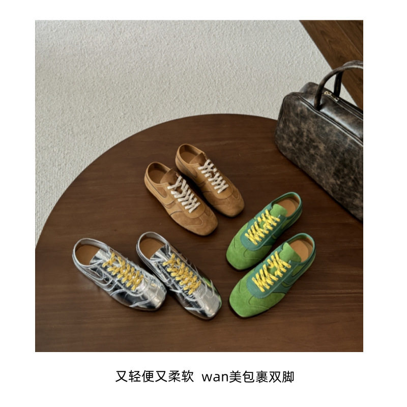 Giày sneaker nữ da thật cổ thấp dáng cổ điển buộc dây phối màu — Bạc, màu nâu, màu xanh lá cây, màu đỏ chi tiết 2
