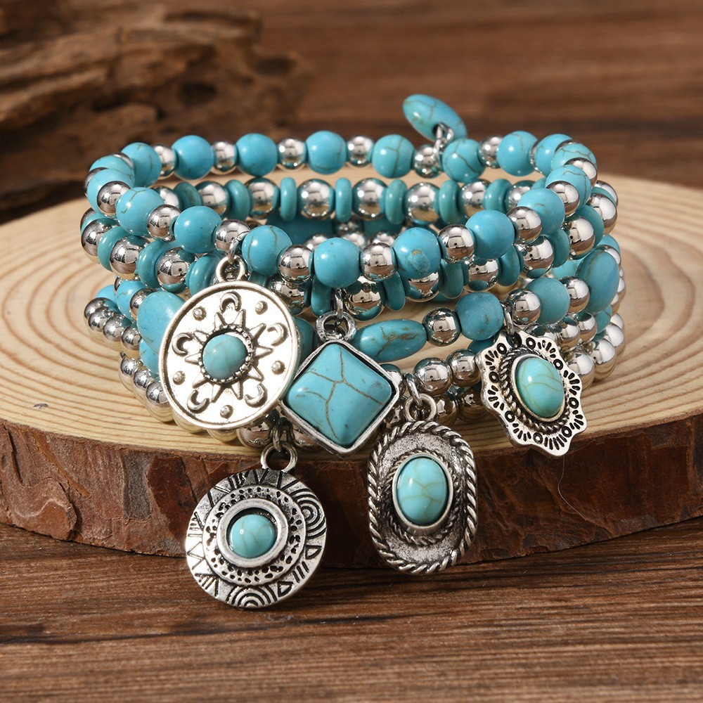 Turquoise Jewelry European and American Cross-Border Bracelets Bohemian Turquoise Vintage Beaded Bracelets Stackable Set Bracelets