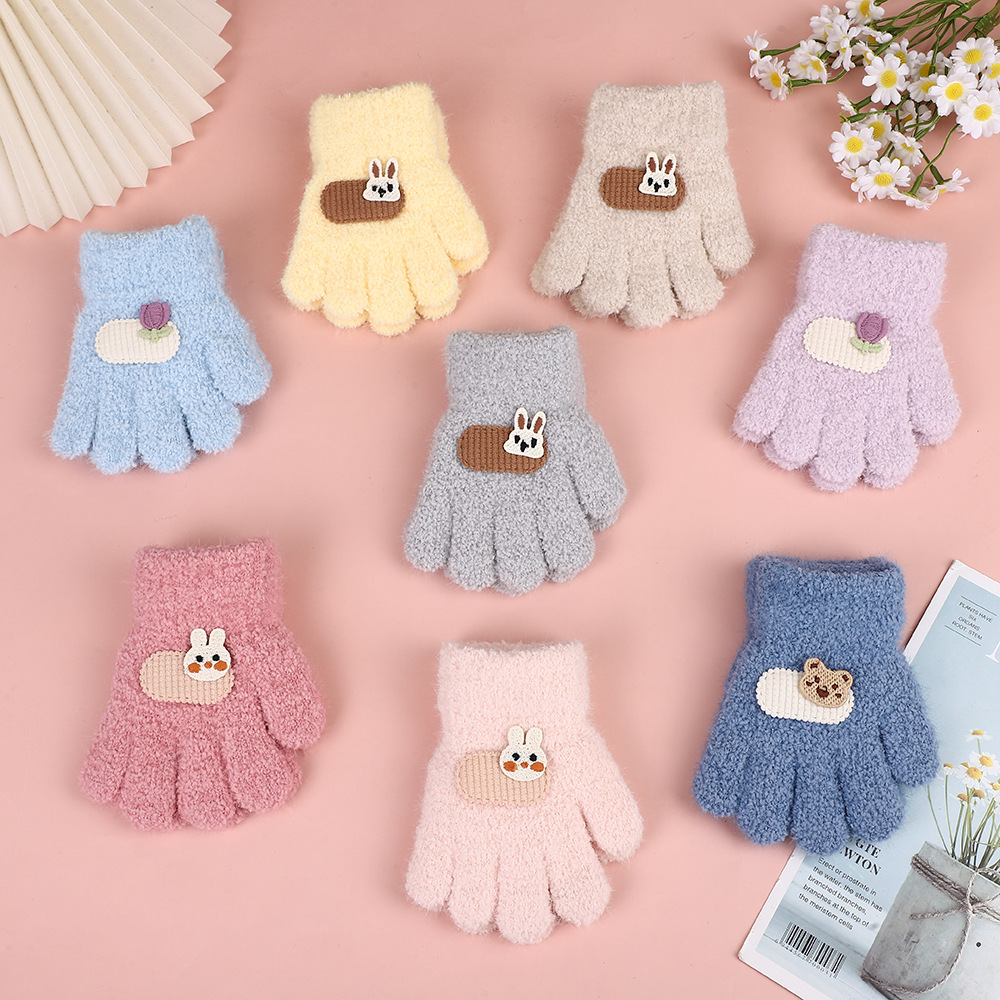 Children's Gloves Cute Cartoon Winter Cold-Proof and Warm Thickeneded Five-Finger Plush Knitted Gloves for Boys and Girls Aged 1-3 Years Old