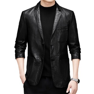 Oil Wax Cowhide Genuine Leather Suit Men's Haining Genuine Leather Soft Leather Jacket Slim Jacket Leather Suit Thin Single Leather Jacket Trendy