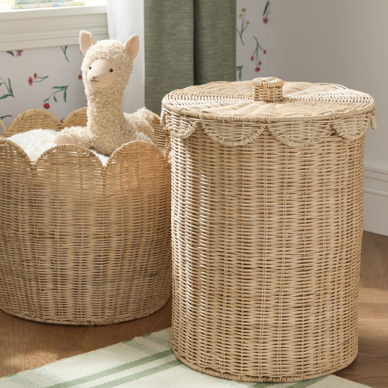 Cesta de almacenamiento de cubierta de cinta de vid real tejida de gran capacidad de ropa sucia cesto de comida de bocadillos de cocina cubierta de ondas cesto de almacenamiento