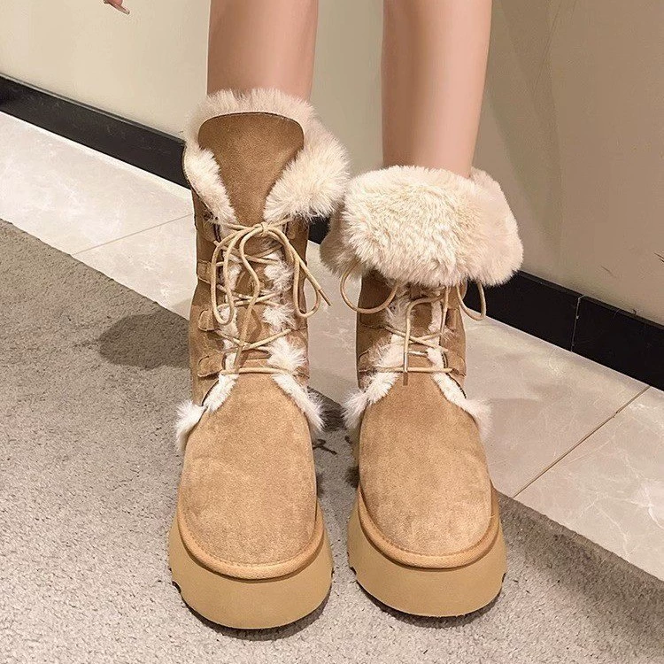 Winter fleece boots platform, keep warm shoes, mid-length