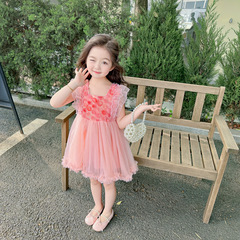 女童連衣裙夏季2024新款女孩寶寶夏裝兒童公主裙子玫瑰花拼接紗裙