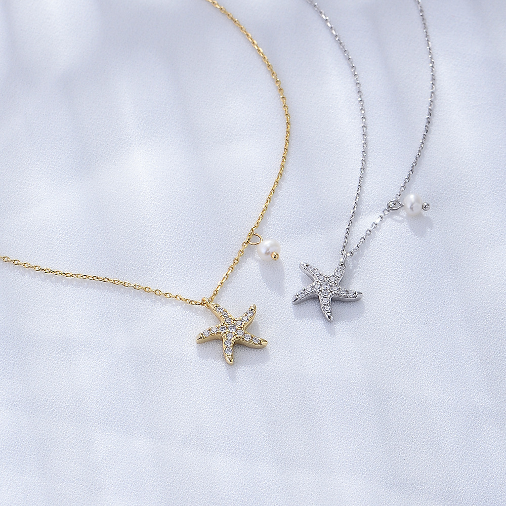 Electroplating Gold Plating Process 14K Real Gold Plated Plating Material 925 Sterling Silver Artificial Pearls Rhinestones Plating Inlay Starfish Pendant Necklace