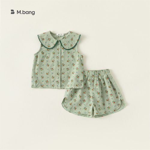 INSbobo girls casual all-over printed small floral green suit 2024 summer children's suit DXT7237