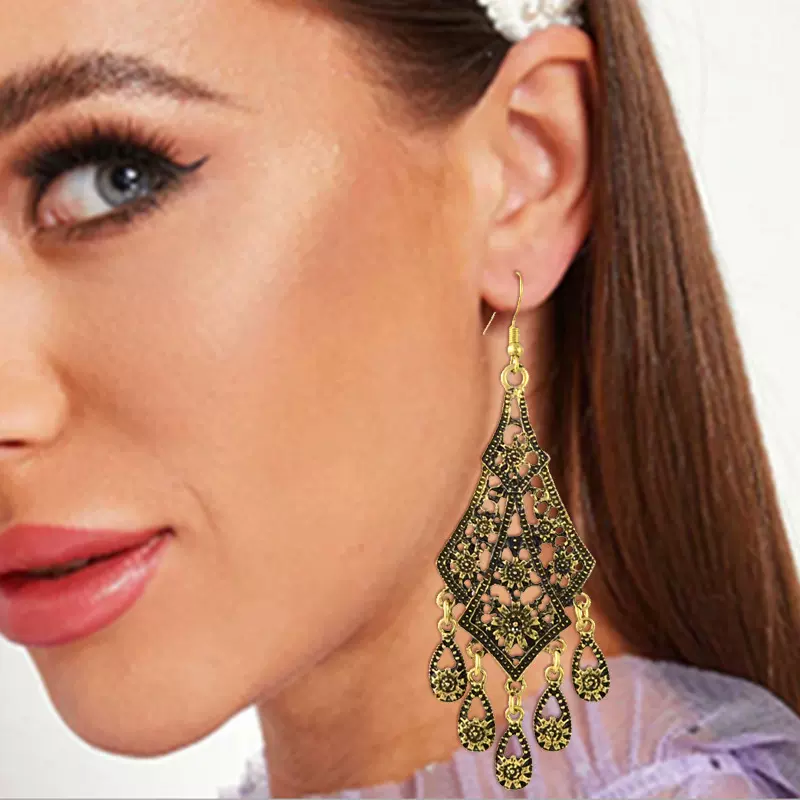 复古名族风镂空花卉水滴流苏耳环 外贸个性花纹雕刻耳饰耳钩