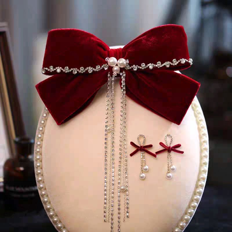 Velvet rojo gran abrazadera de cabello de arco de novia brindis de boda toque de cabeza conjunto de pendientes de compromiso de mujer temperamento de cabello