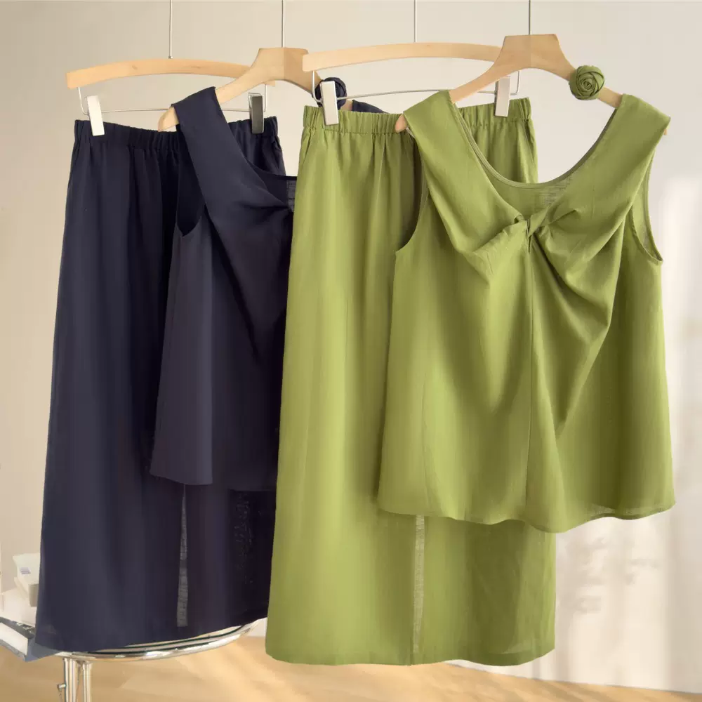 恩迪韩系慵懒风无袖背心半身裙套装春夏季天丝亚麻绿色洋气上衣