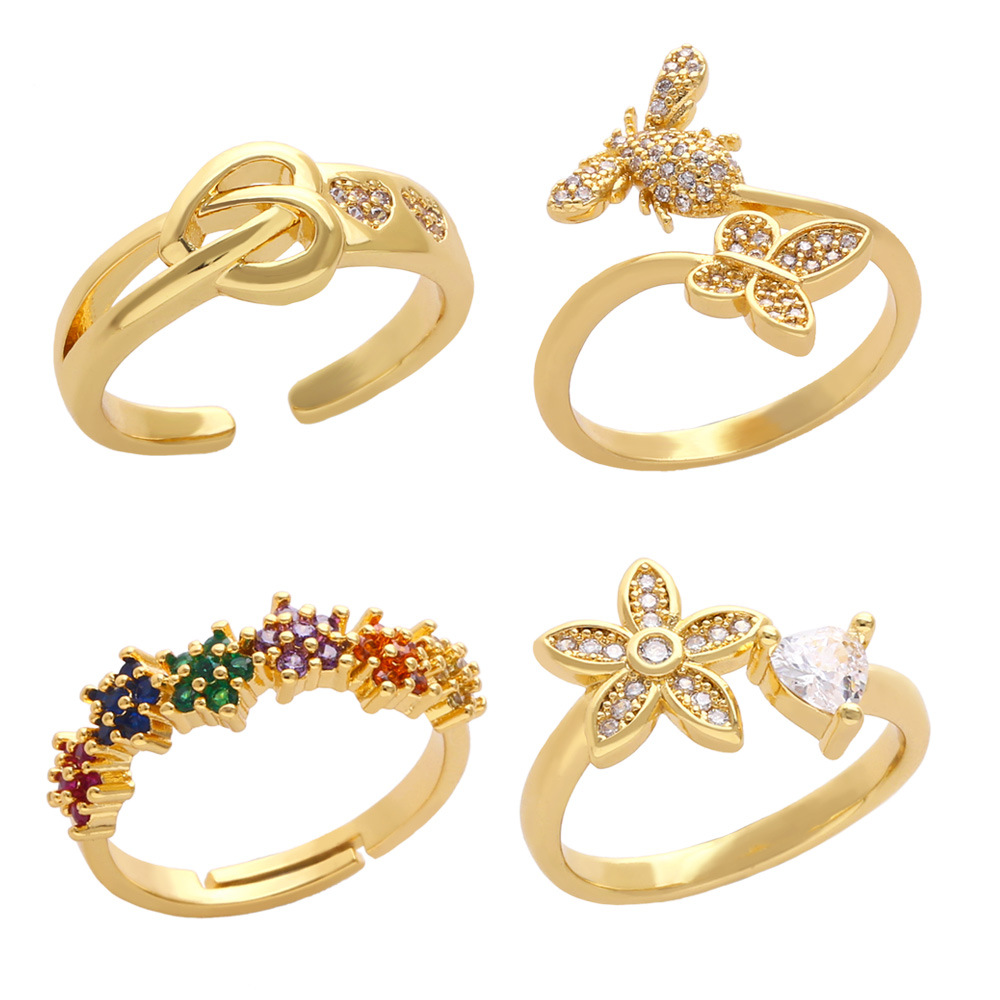 Fashion Inlaid Color Zircon Flower Ring Female Simple Personality Butterfly Bee Opening Copper Rings display picture 2