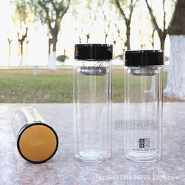 双层玻璃杯子可定印ogo 商务广告礼品玻璃水杯 家用带盖透明茶杯