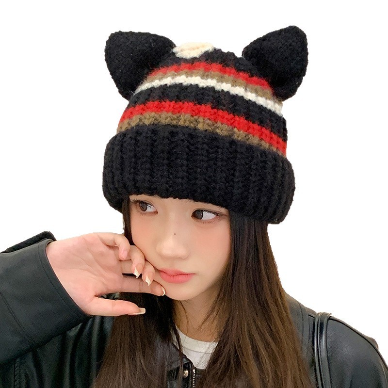 美式甜酷加厚条纹针织帽秋冬保暖猪耳朵毛线帽休闲百搭防风套头帽|undefined