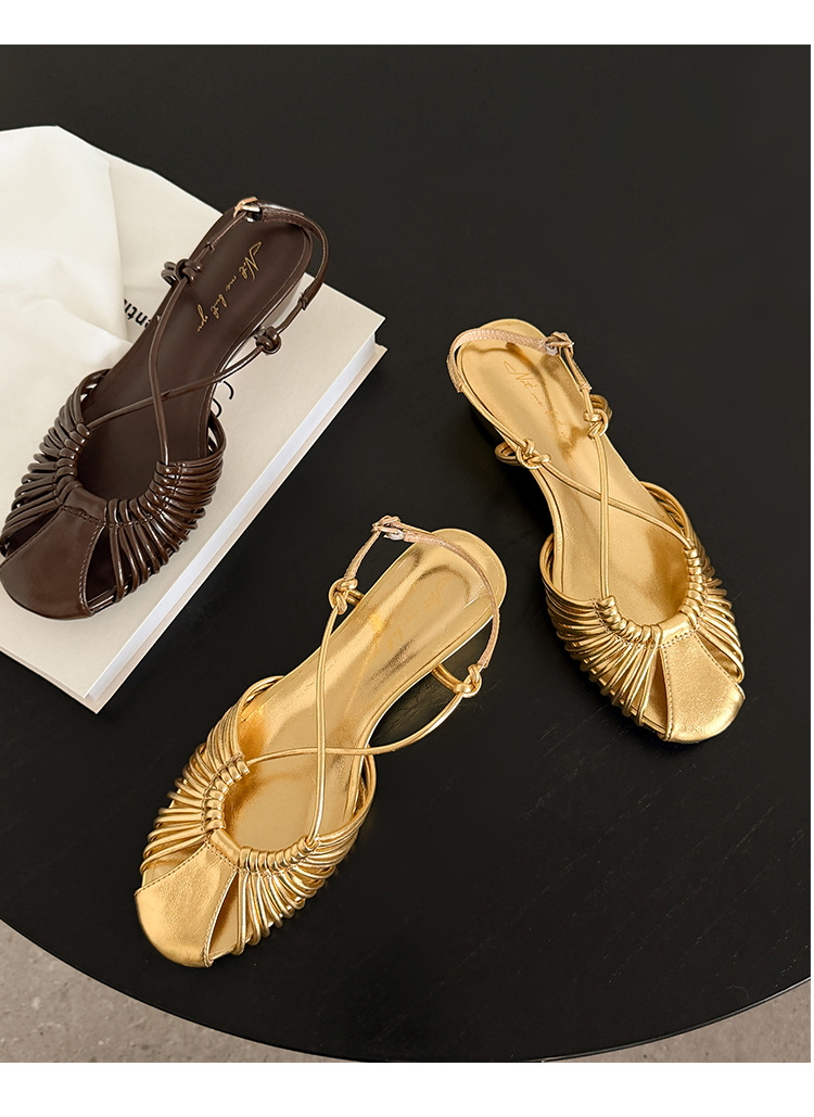 Sandal nữ quai mảnh buộc chéo gót trung bình phong cách Hàn Quốc — màu nâu chi tiết 22