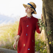 新中式棉麻女装苎麻连衣裙2024春夏新款立领国风复古改良旗袍批发