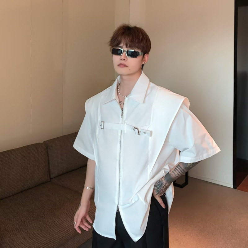 Unique Deconstructed Faux Two-Piece Zip-Up Shirt for Men, Summer Korean Style Designer Short-Sleeve Shirt Jacket