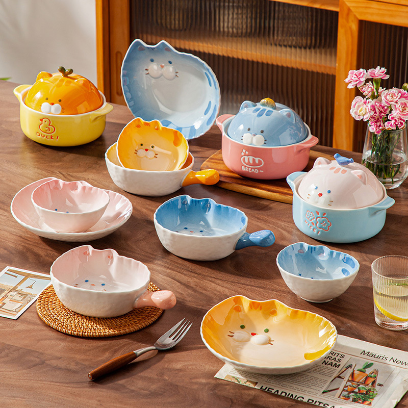 漫画かわいいビープ音猫陶磁器ボウルカップラーメンボウルサラダボウルハンドルボウル皿釉薬下彩子供食器卸売り|undefined