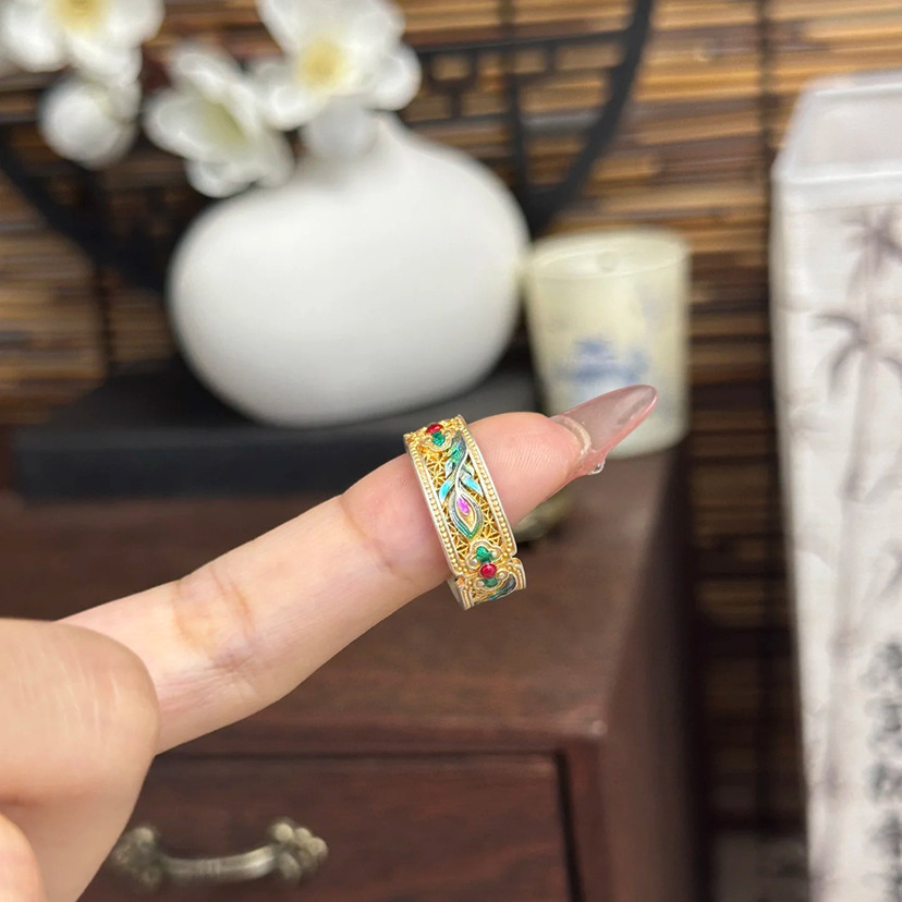 2024 여성을위한 고대 방법 번트 블루 반지 새로운 중국 스타일 국가 스타일 에나멜 컬러 피닉스 깃털 클래식 틈새 오픈 검지 반지