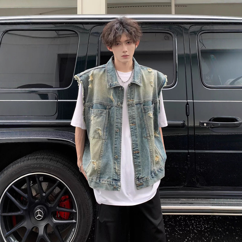 American-Style Washed Denim Vest for Men, Spring and Autumn, Loose Casual Versatile Cool Vintage Trendy Sleeveless Jacket