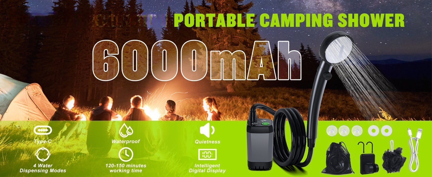 Tragbare Campingdusche mit 15-stufigem Filter, wiederaufladbarer 6000-mAh-Duschpumpe, 3+1-Strahl-Außendusche_voghion.com