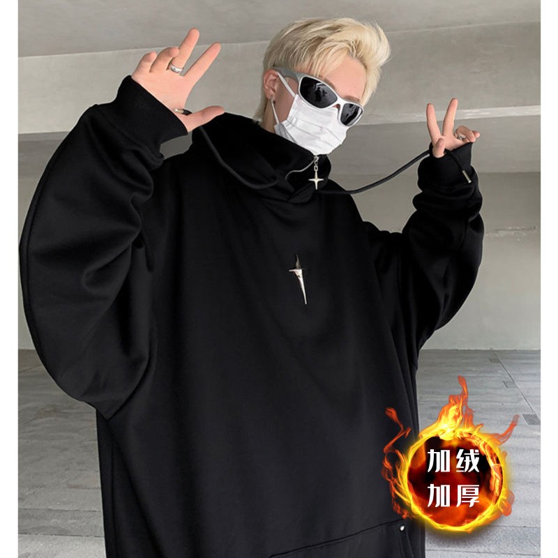 하이 칼라 후드 스웨트 셔츠 남성 기모 겨울 아메리칸 스타일 바이브 하이 스트리트 패션 브랜드 디자인 센스 루즈 하프 지퍼 스웨트 셔츠