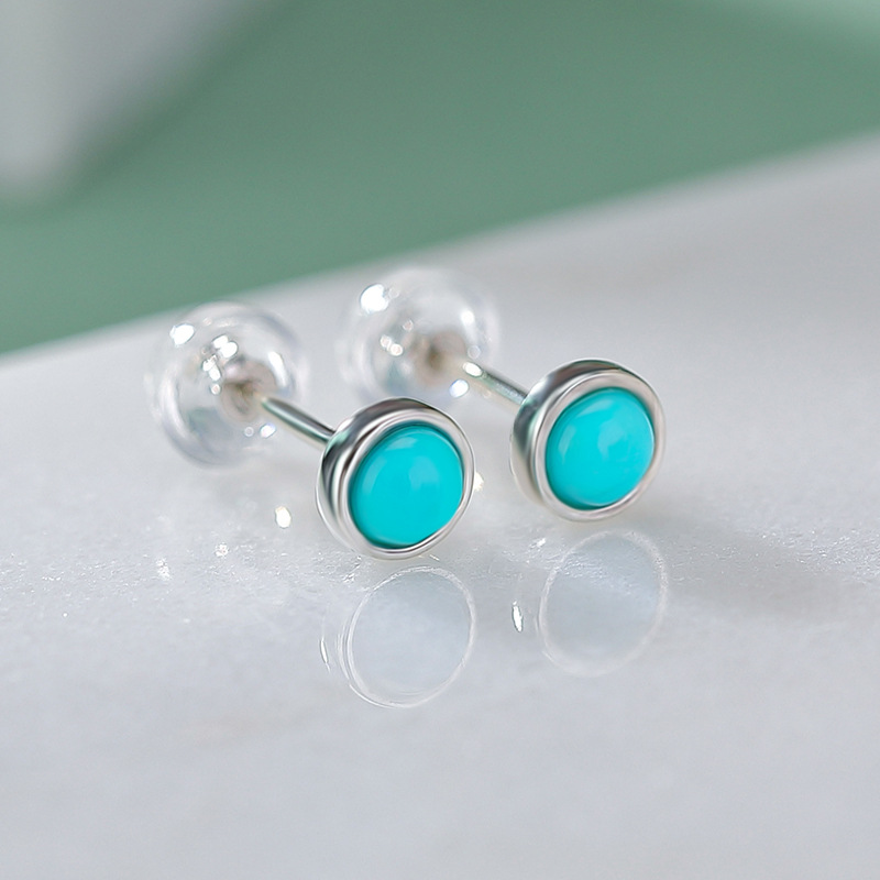 Bông tai bạc S925 hình tròn đính đá turquoise phong cách hình học nhỏ — một cặp