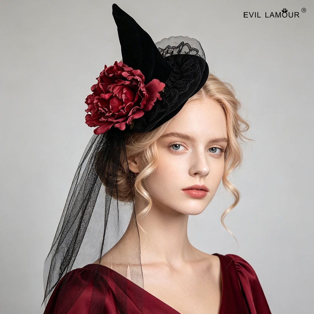 Gothic Style Witch Hat Headband with Black Veil and Rose Decoration Pointed Hat Halloween Ball Party Headwear FJ-91-1